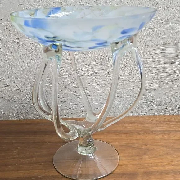 MAKORA KROSNO OCTOPUS JELLYFISH COBALT GLASS COMPOTE PEDESTAL BOWL, VINTAGE